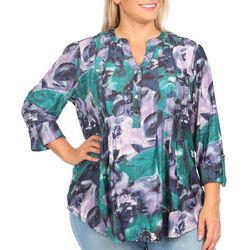 Plus 3/4 Roll Tab Embellished Print Pleated Henley Top