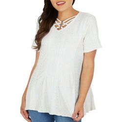Coral Bay Plus O-Ring Crisscross Pleated Short Sleeve Top