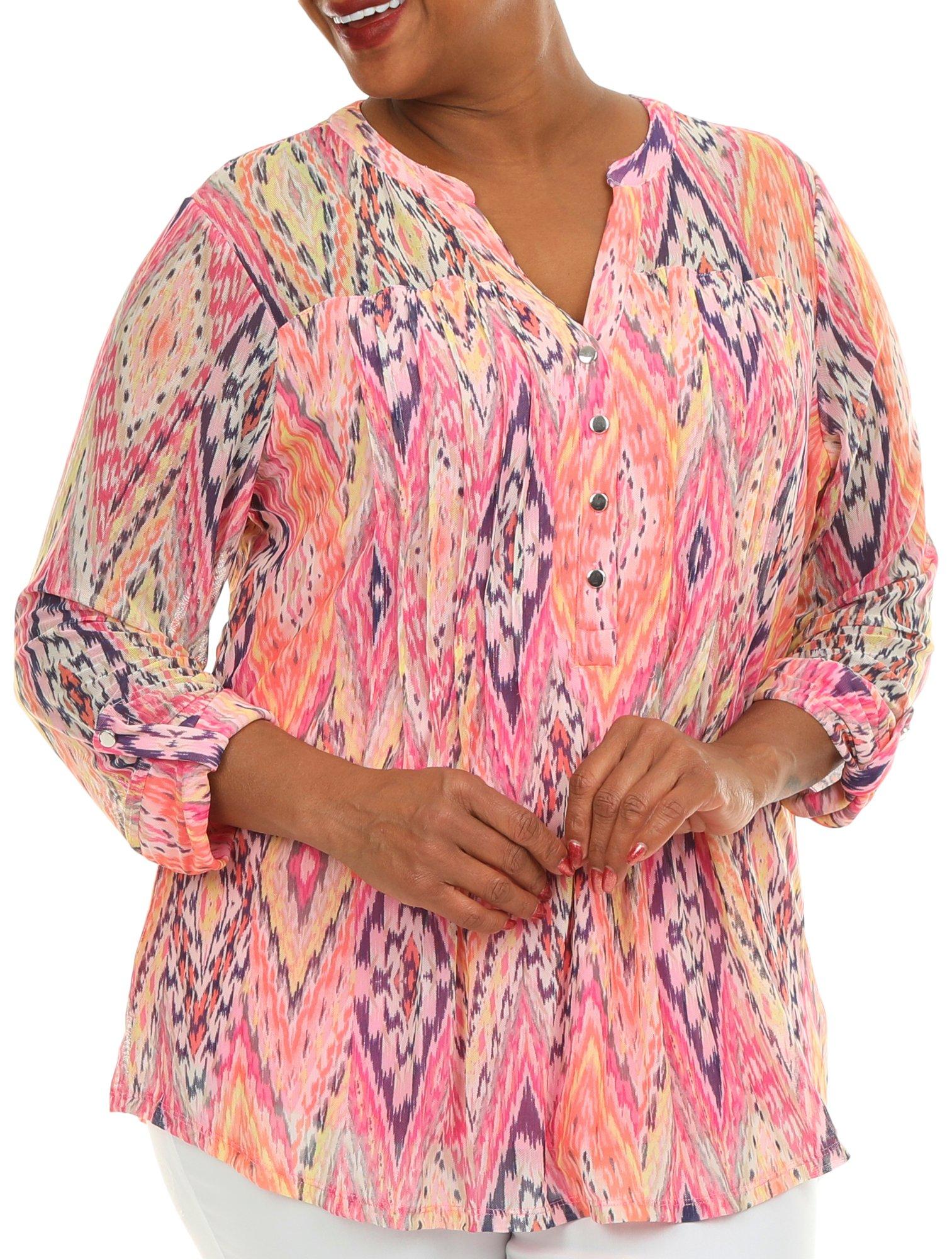 Plus Chevron Pleated Mesh Henley 3/4 Sleeve Top