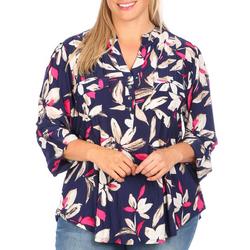 Plus Floral 2 Pockets Pleated 3/4 Sleeve Top