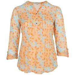 Plus Tropical Floral Pleated Henley Mesh 3/4 Sleeve Top