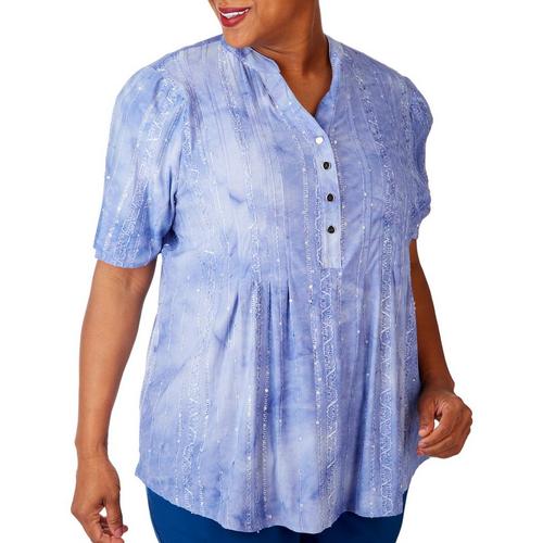 Plus Tie-Dye Embellished Pleated Button Short Sleeve Top