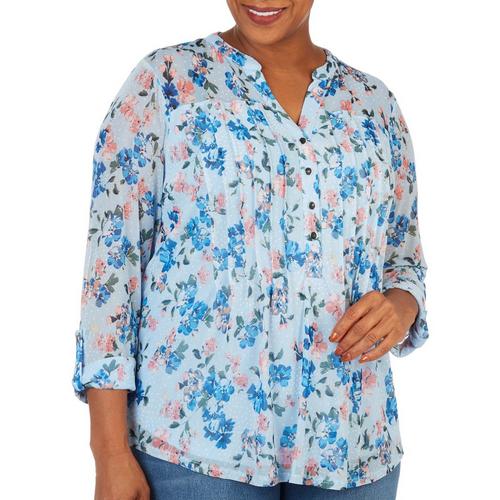 Cocomo Plus Spring Floral Pleated Henley 3/4 Sleeve