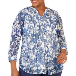 Cocomo Plus Floral Mosaic Pleated Henley 3/4 Sleeve Top