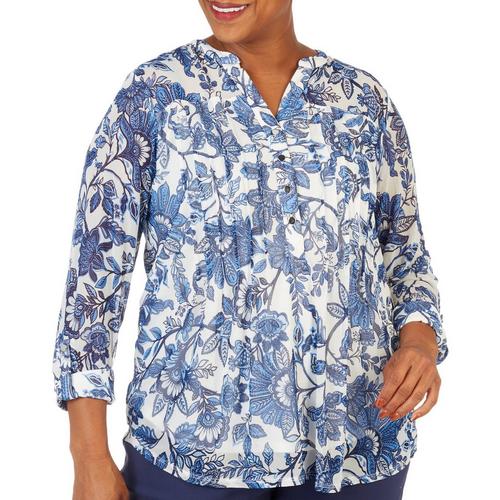 Cocomo Plus Floral Mosaic Pleated Henley 3/4 Sleeve