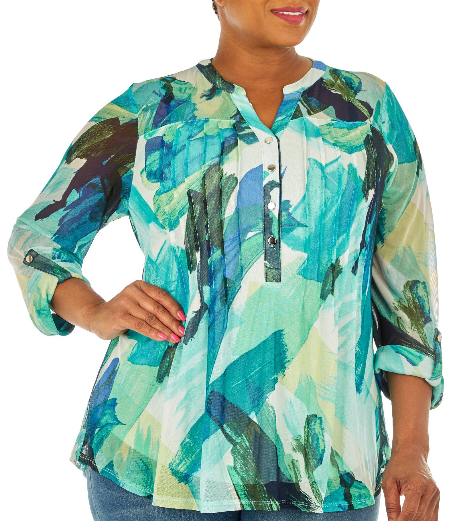 Plus Watercolor Mesh Pleated Henley 3/4 Sleeve Top