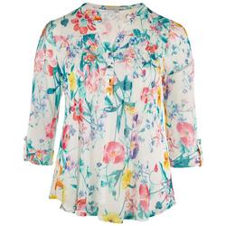 Plus Floral Pleated Henley 3/4 Sleeve Top
