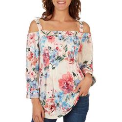 Plus Pleated 3/4 Sleeve Cold Shoulder Top