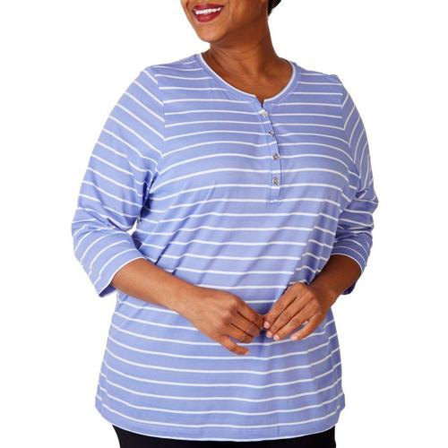 Coral Bay Plus 3/4 Sleeve Striped Henley Top