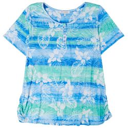 Emily Daniels Plus Print Round Neck Ruched Short Sleeve Top