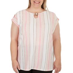 Cure Apparel Plus Striped Button Rolled Short Sleeve Top