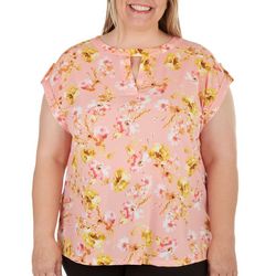 Cure Apparel Plus Floral rolled button Short Sleeve Top