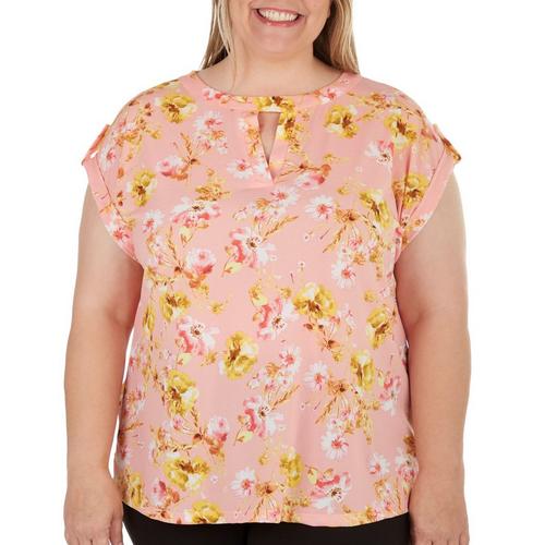 Cure Apparel Plus Floral rolled button Short Sleeve