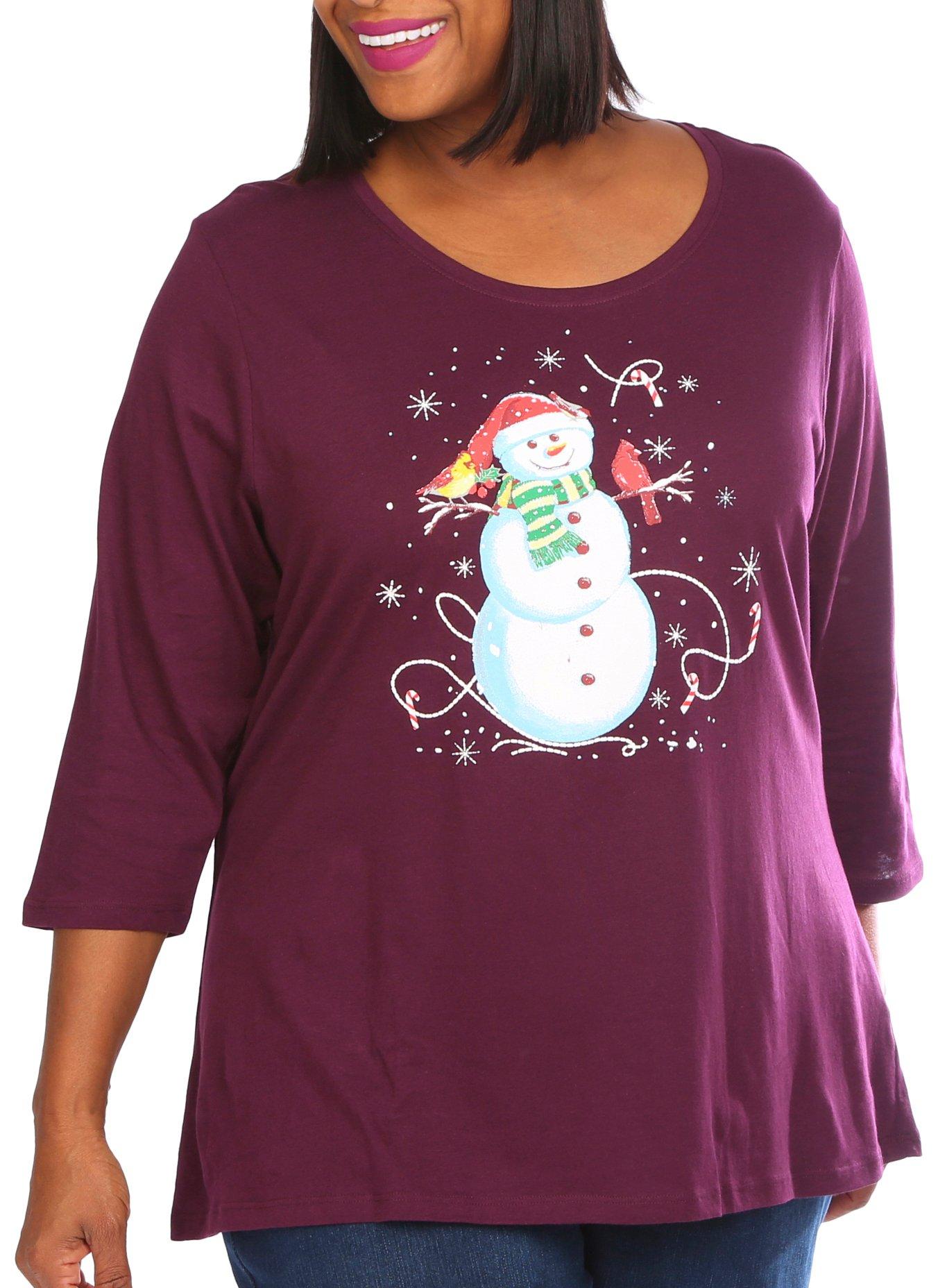 Jason Maxwell Plus Birds On Snowman Solid 3/4 Sleeve Top