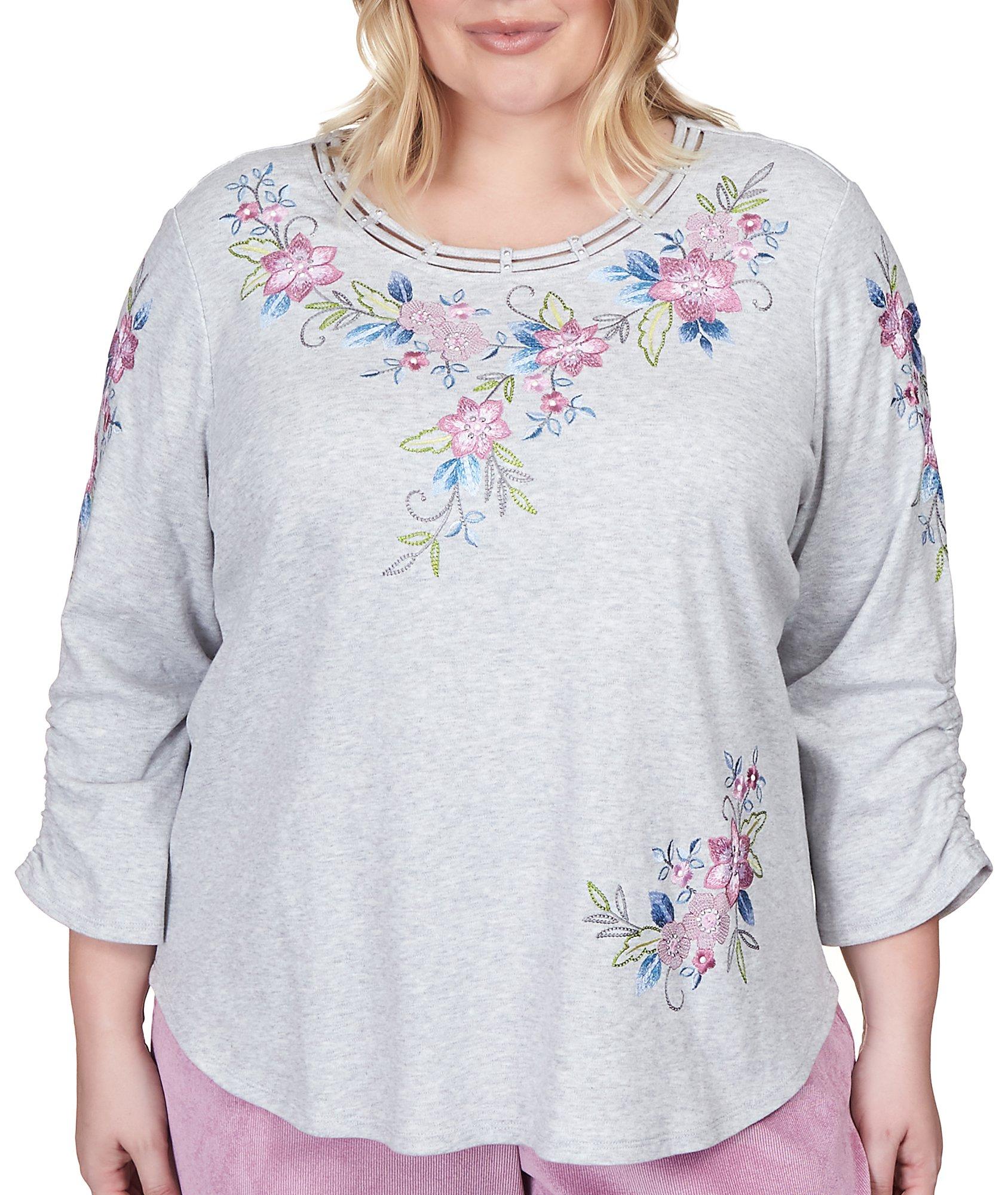 Alfred Dunner Plus Floral Embroidery 3/4 Sleeve Top
