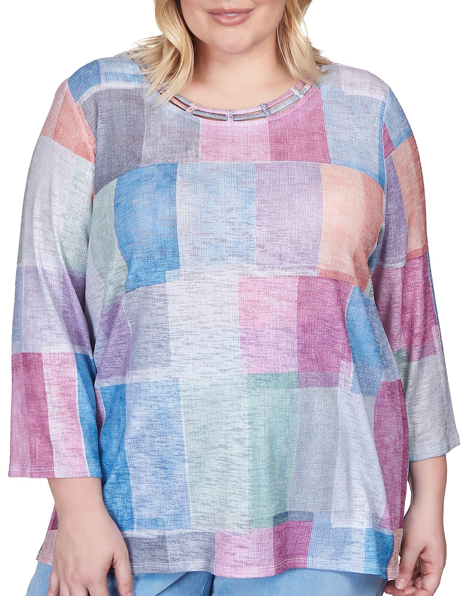 Alfred Dunner Plus Colorblock Round Neck 3/4 Sleeve Top