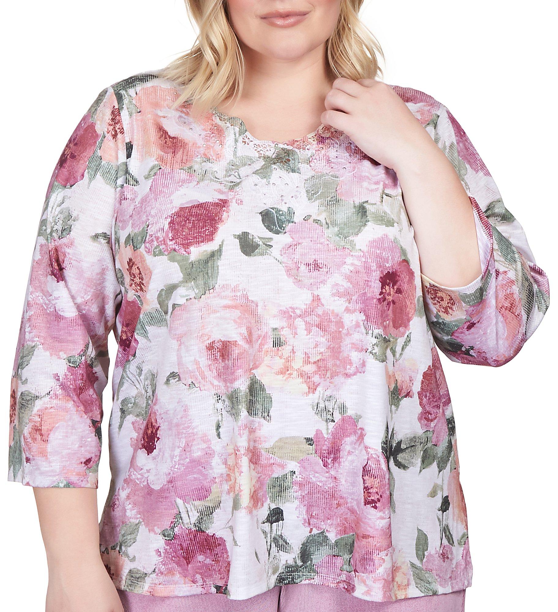 Alfred Dunner Plus Floral Scallop Neck 3/4 Sleeve Top