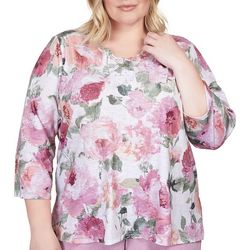 Alfred Dunner Plus Floral Scallop Neck 3/4 Sleeve Top