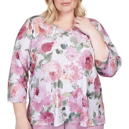 Alfred Dunner Plus Floral Scallop Neck 3/4 Sleeve