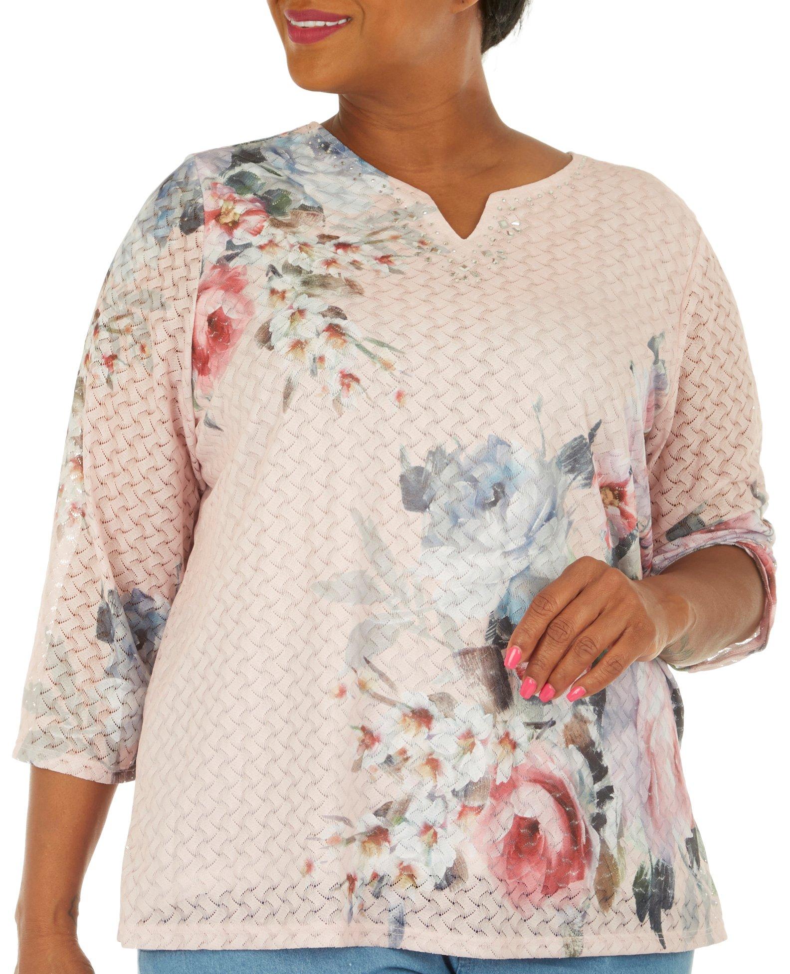 Plus Jeweled Floral Woven 3/4 Sleeve Top