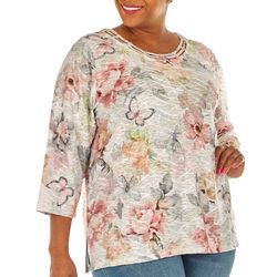Alfred Dunner Plus Texture Floral Butterfly 3/4 Sleeve Top