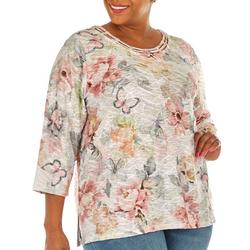 Plus Texture Floral Butterfly 3/4 Sleeve Top