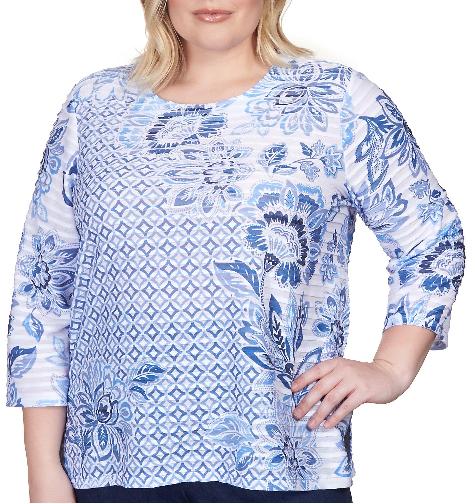 Alfred Dunner Plus Geo Floral Ruffle 3/4 Sleeve Top