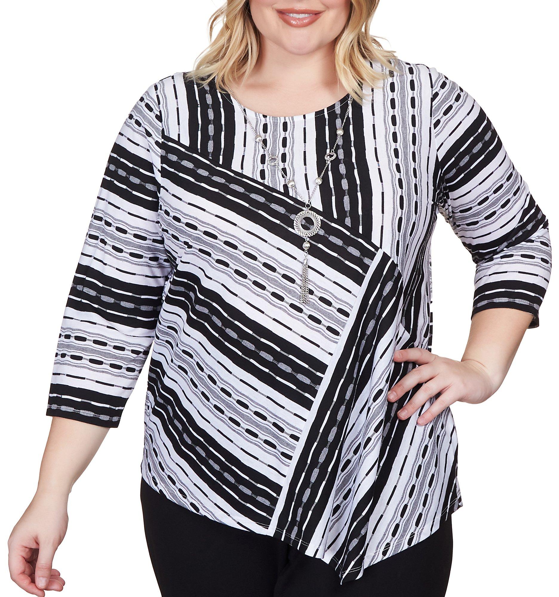 Alfred Dunner Plus Stripe Asymmetric Hem Top With Necklace