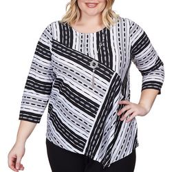 Alfred Dunner Plus Stripe Asymmetric Hem Top With Necklace