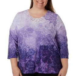 Alfred Dunner Plus Airbrush Floral Lace 3/4 Sleeve Top