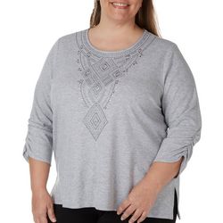 Alfred Dunner Plus Embroidered Front 3/4 Sleeve Top