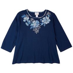 Alfred Dunner Plus Flower Embroidered 3/4 Sleeve Top
