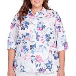 Alfred Dunner Plus Floral Button Down 3/4 Sleeve Top