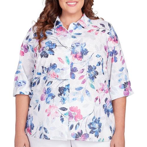 Alfred Dunner Plus Floral Button Down 3/4 Sleeve
