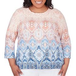 Plus Medallion Ombre 3/4 Sleeve Top