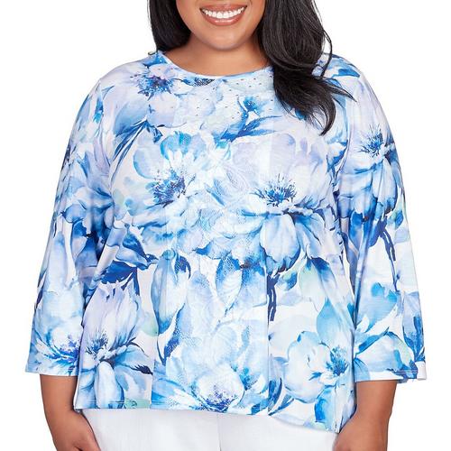 Alfred Dunner Plus Floral Print Round Neck 3/4