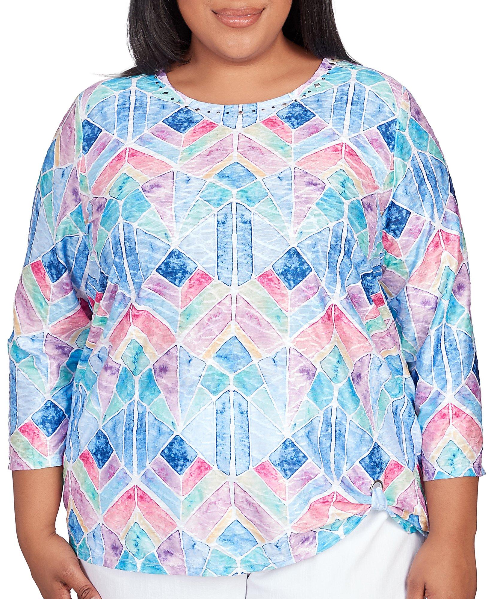 Alfred Dunner Plus Geo Print Round Neck 3/4 Sleeve Top