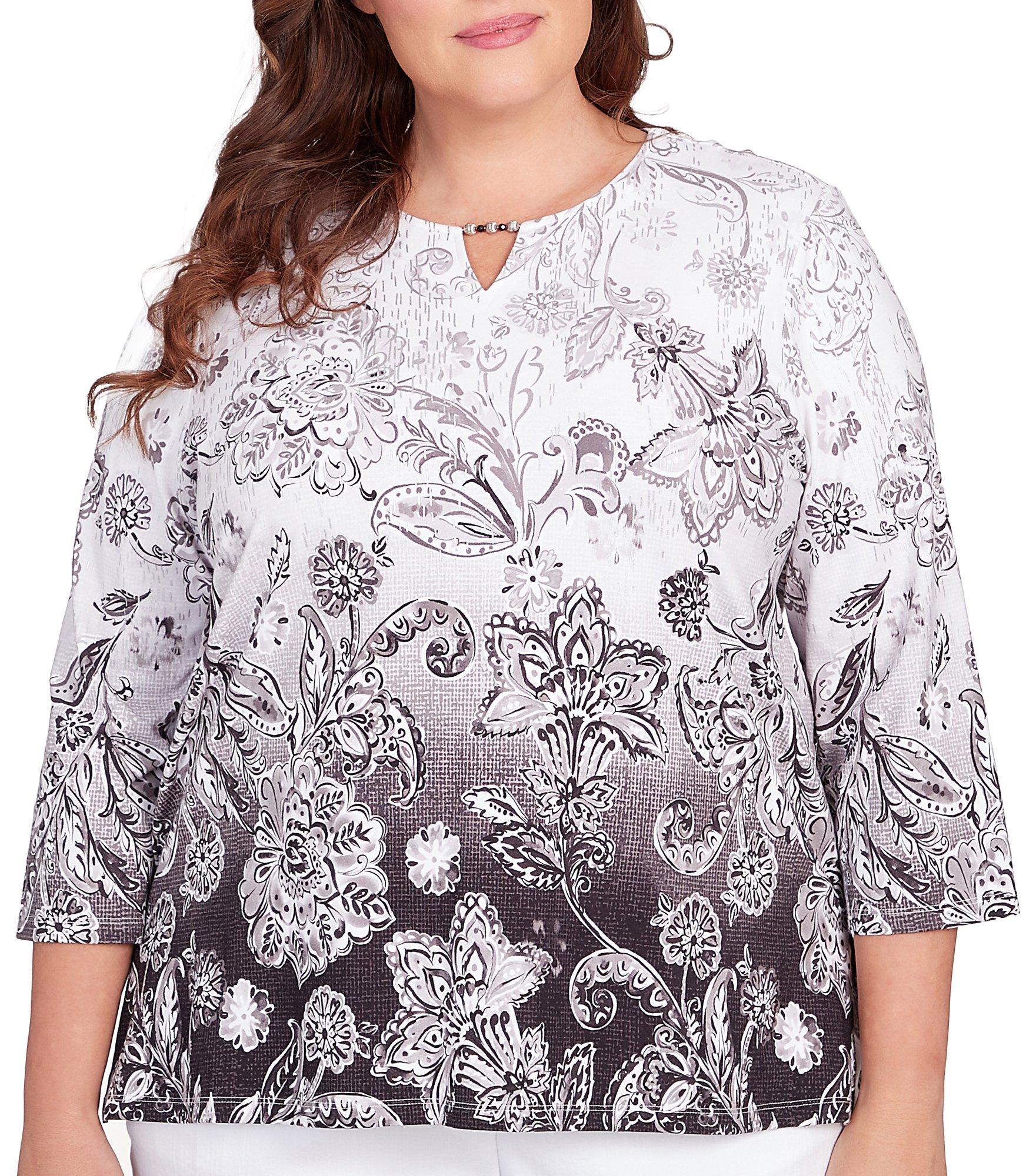 Alfred Dunner Plus Ombre Scroll Floral Split Neck Top