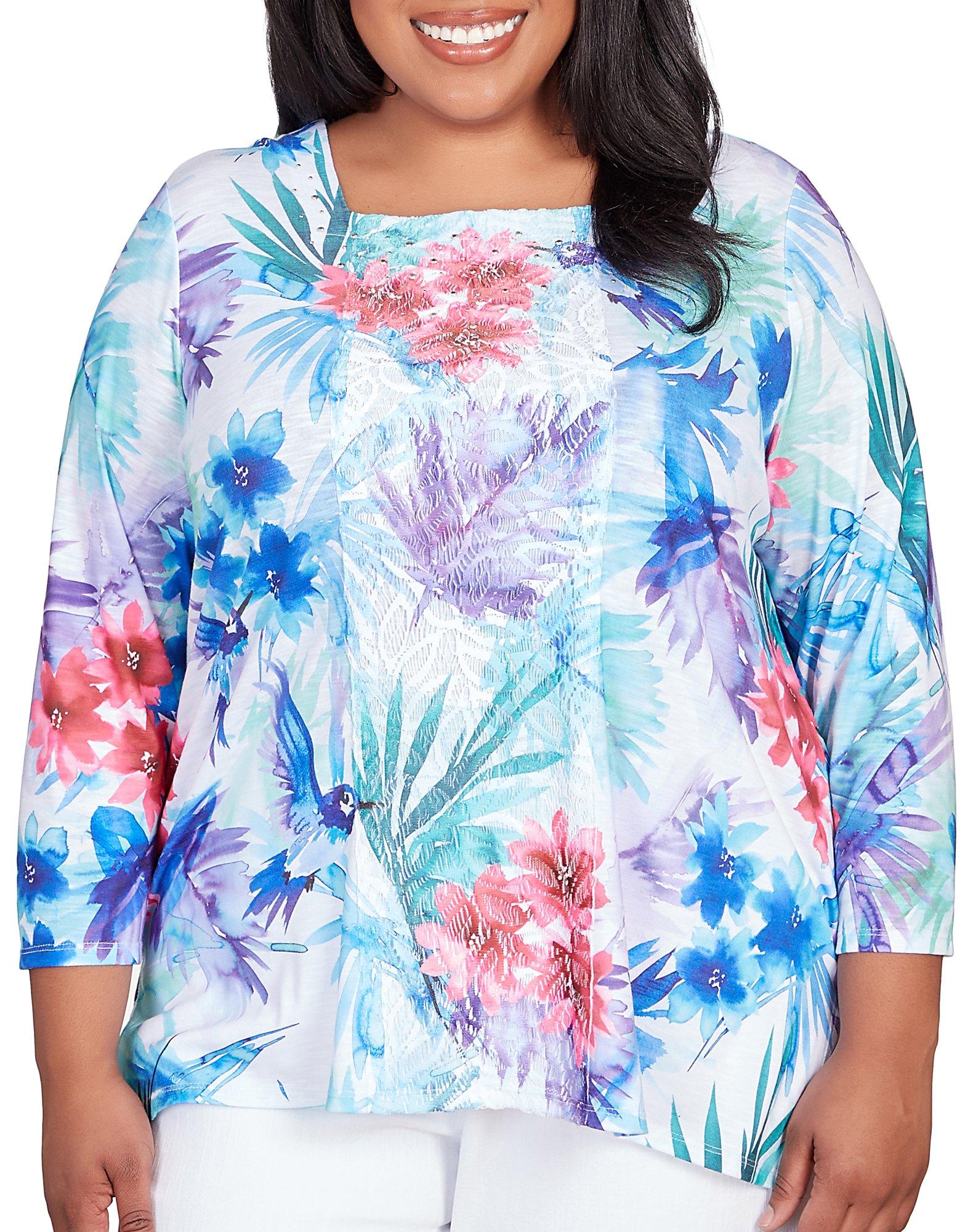 Alfred Dunner Plus Tropical Birds Lace Paneled Top