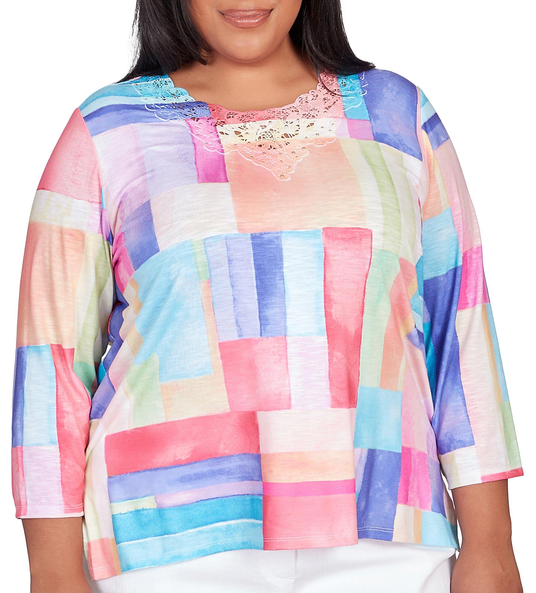 Alfred Dunner Plus Bright Patchwork Lace Neck Top