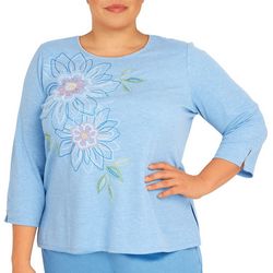 Alfred Dunner Plus Embroidered Split 3/4 Sleeve Top