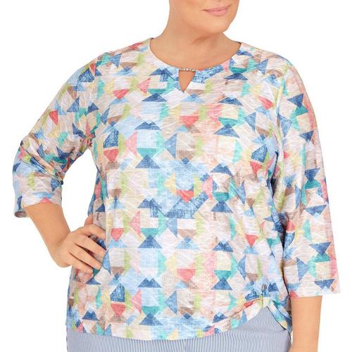 Alfred Dunner Plus Triangle Print Keyhole 3/4 Sleeve