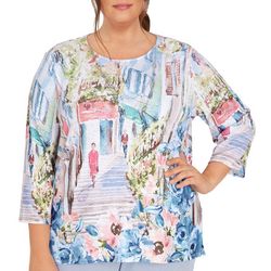 Alfred Dunner Plus Scenic Print & Necklace 3/4 Sleeve Top