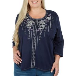 Plus Embroidered Floral Pattern 3/4 Sleeve Top