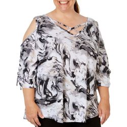 Absolutely Famous Plus Print Cold Shoulder 3/4 Sleeve Top