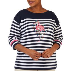 Cabana Cay Plus Flamingo Santa Stripe Embroidered Sweater
