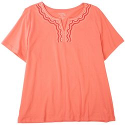 Coral Bay Plus Solid Embroidered Split Neck Short Sleeve Top