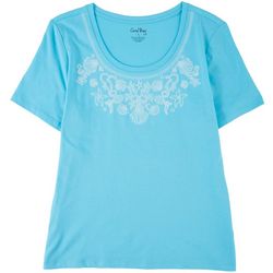 Coral Bay Plus Embroidered Sea Shell  Short Sleeve Top