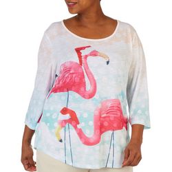 Plus Christmas Flamingos Embellished 3/4 Sleeve Top