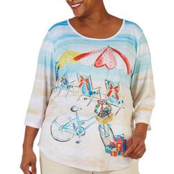 Womens Christmas Beach Chairs Embellished 3/4 Sleeve Top